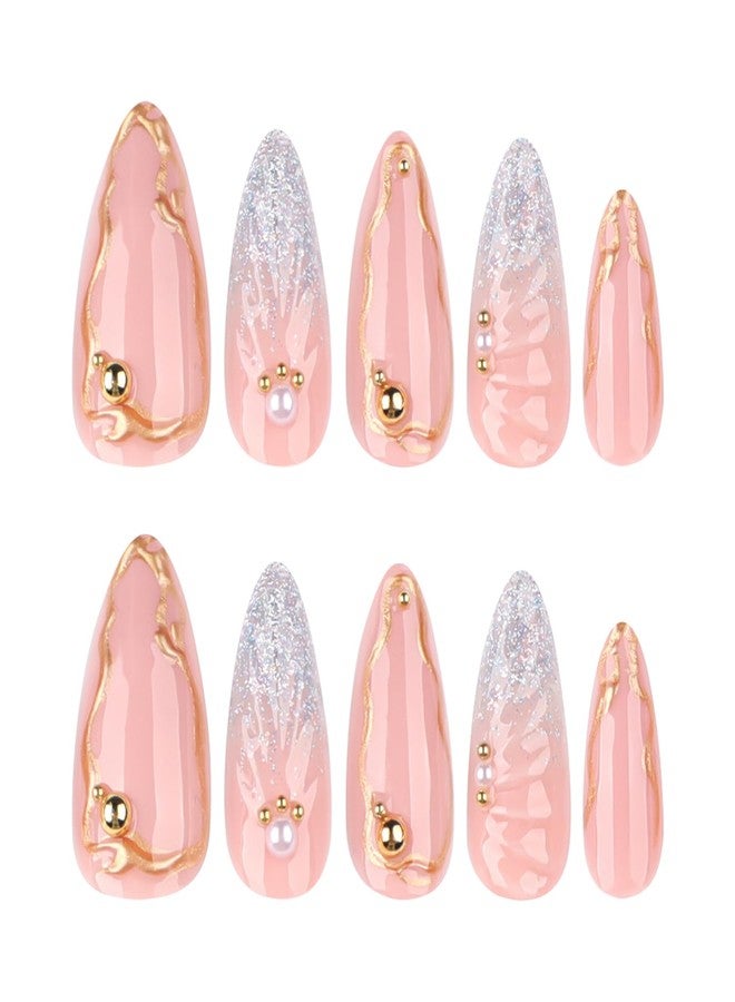 YKZFUI 24pcs French Tip Press on Nails Medium Almond Fake Nails Pearl Full Cover Silver Glitter Design Gold French Ripple Line False Nails Acrylic Nail Cute Finger Manicure Decor Artificial Nails for Women - Image 5